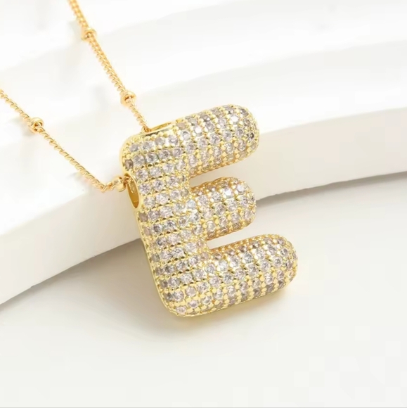 Mint & Charm Jewelry - Gold Initial E Pendant Necklace, Bubble Letter Initial Charm Necklace